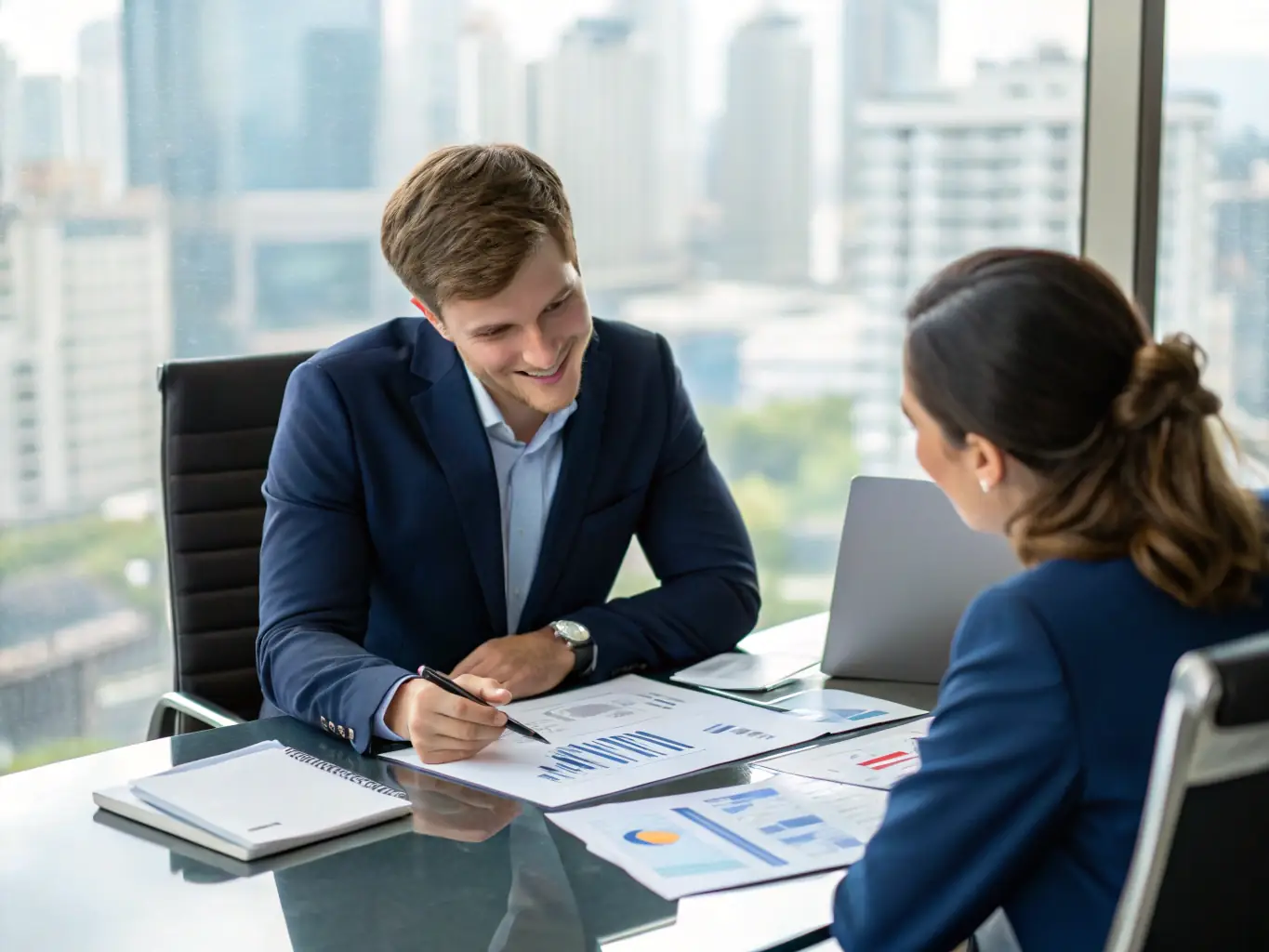 A professional financial advisor discussing wealth plans with a client in a modern office setting, symbolizing personalized wealth management services.