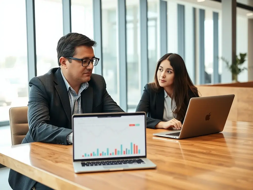 A professional financial advisor is sitting at a desk, reviewing investment portfolios with a client in a modern office setting, emphasizing trust and expertise.