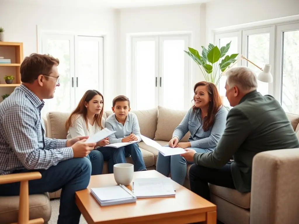 A family is discussing their financial future with a wealth manager in a comfortable setting, highlighting the importance of long-term financial planning.